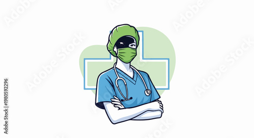 A masked healthcare worker in scrubs and cap with a stethoscope and a medical cross