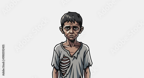 A somber, emaciated boy with dark hair and green eyes, wearing tattered clothes