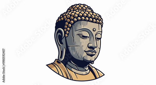 A stylized, stone-like depiction of Buddha's head, with curly hair and serene expression
