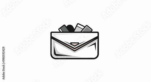 A stylized illustration of a white clutch purse with various colored cards peeking out