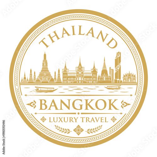 Gold Bangkok Thailand luxury travel emblem featuring city skyline landmarks vector illustration
