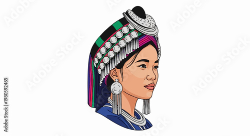 Profile portrait of a young woman wearing traditional headdress and jewelry