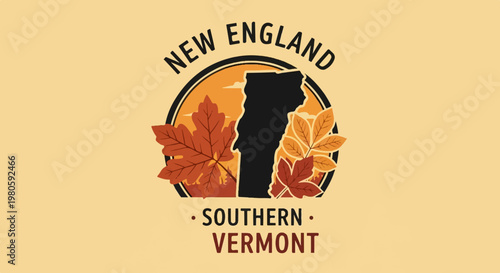 Emblem featuring Vermont map silhouette with autumn leaves and "New England Southern Vermont" text