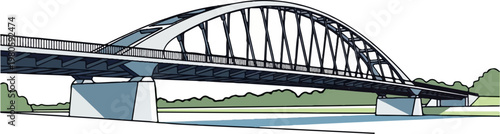 A steel arch bridge spans a river, supported by concrete piers, with green foliage on its banks