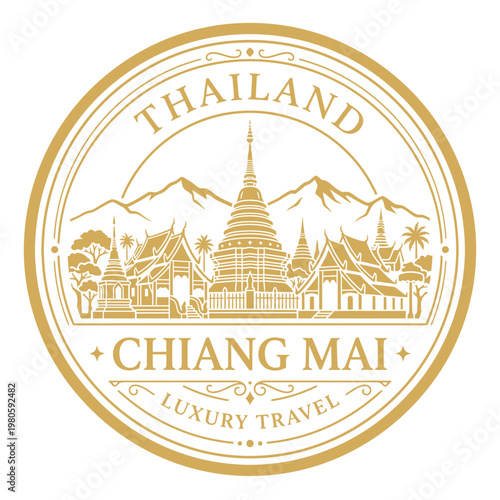 Gold Chiang Mai Thailand luxury travel emblem with temples and mountains vector illustration