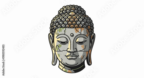 Stone Buddha head with abstract green and orange splatters and cracked texture