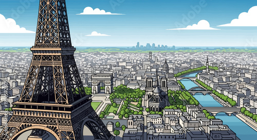 Iconic Parisian skyline with Eiffel Tower, Arc de Triomphe, Notre Dame, and river