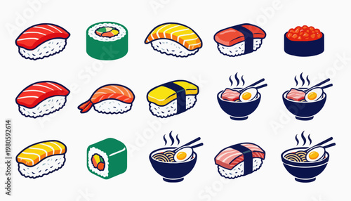 “Japanese food icon set, sushi and ramen, bold colorful palette”