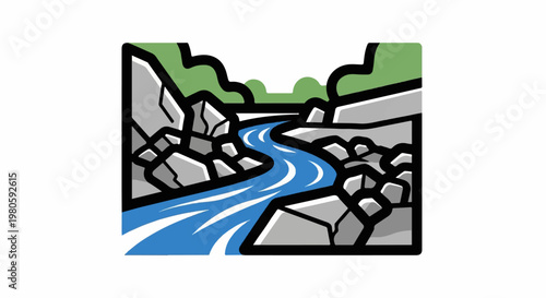 Stylized depiction of a blue river flowing through a rocky gorge with green hills