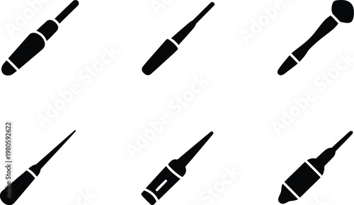 Six Black Silhouettes Of Makeup Brushes And Applicators On White cosmetic beauty