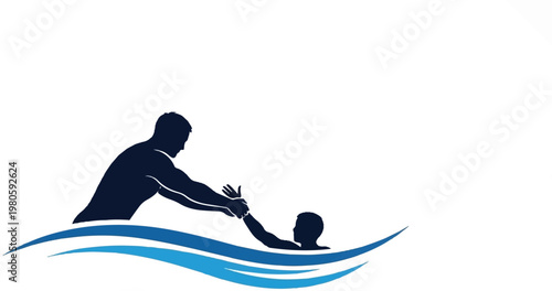 Silhouette of a rescuer helping someone in water waves