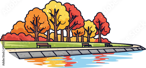 A stylized autumn park scene with colorful trees, benches, a path, and a shimmering body of water