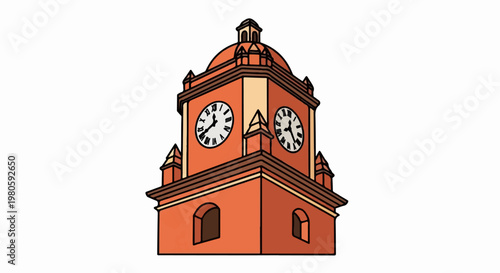 A stylized, colorful illustration of a tall, multi-tiered clock tower with Roman numerals
