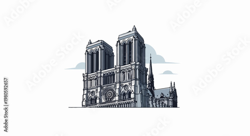 Pixelated gothic cathedral with twin towers and a rose window, against a cloudy sky