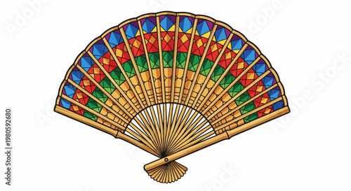 A brightly colored, open fan with a wooden handle and patterned segments