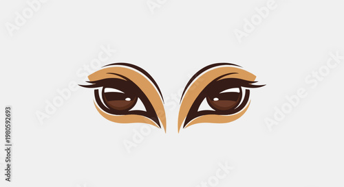 Intense, stylized eyes with dark brown irises and tan, arched brow accents