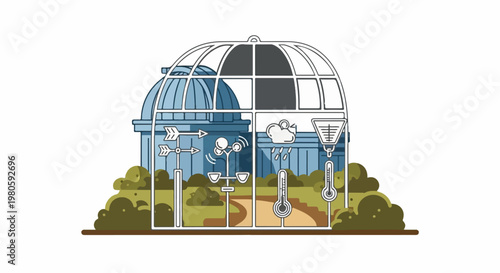 Observatory-like structure with weather instruments inside a domed enclosure