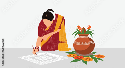 Indian woman creating a beautiful rangoli design on the floor next to a decorated traditional kalash pot with flowers, symbolizing a festive occasion.