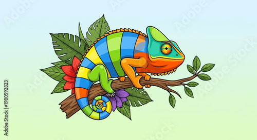 A vibrant, cartoonish chameleon with colorful stripes clings to a tree branch amidst lush green foliage