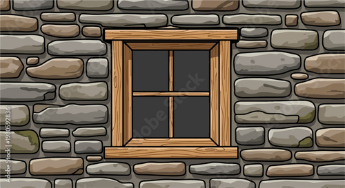 Rustic stone wall with a simple wooden window pane