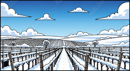 A picturesque snow-covered vineyard stretches towards rolling hills under a bright blue sky with fluffy clouds