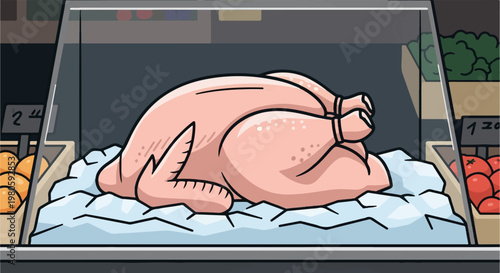 A raw chicken rests on ice within a refrigerated display case next to produce