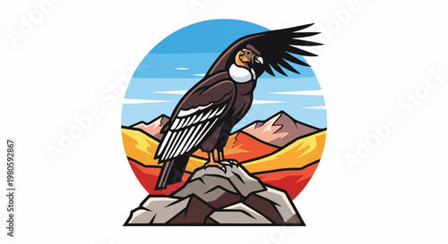 Majestic condor perched on rocks, surveying mountainous terrain under a clear sky