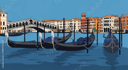 Venetian canal scene with a historic bridge and traditional gondolas under a clear blue sky