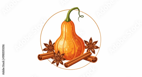 Autumn spices a butternut squash with star anise and cinnamon sticks within a decorative circle