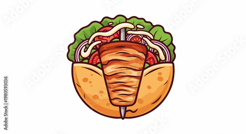 A cartoon-style illustration of a gyro sandwich, featuring grilled meat, lettuce, tomatoes, and onions