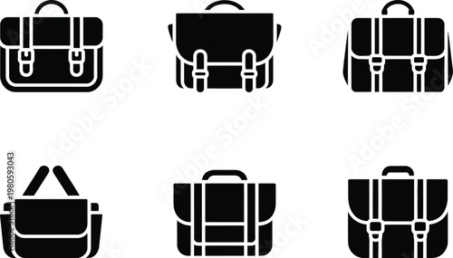 Set of black silhouette icons representing different styles of satchels and bags briefcase