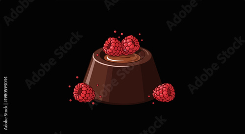 A dark chocolate confection adorned with fresh raspberries and a rich ganache center