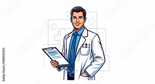 Cheerful male doctor in a white coat, holding a clipboard with medical notes