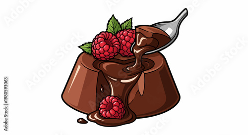 A rich chocolate dessert topped with fresh raspberries and a drizzle of sauce