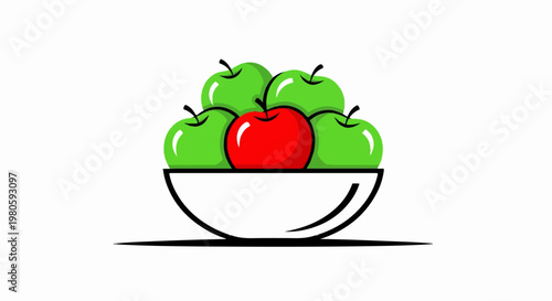 A white bowl contains several bright green apples and one distinct red apple, with a shadow beneath