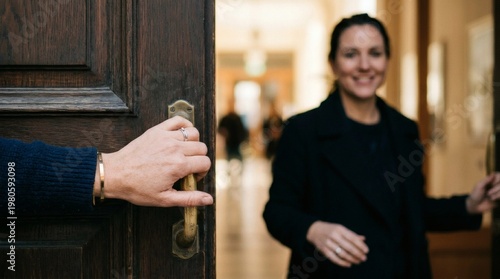 Capturing a genuine welcome, this image embodies imperfect real life with commercial clarity, showcasing an authentic human connection in a professional setting