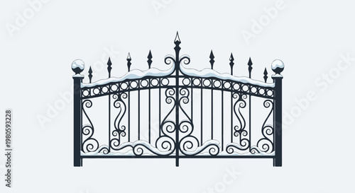 Ornate black metal gate adorned with snow, topped with decorative finials