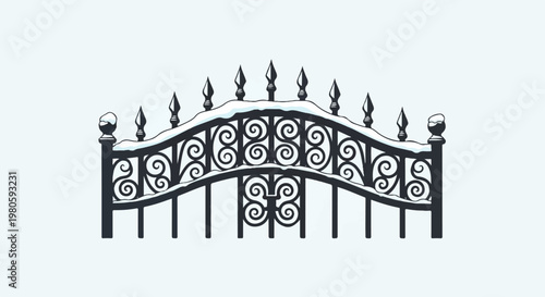 Ornate black wrought iron fence with decorative swirls and pointed finials, dusted with snow