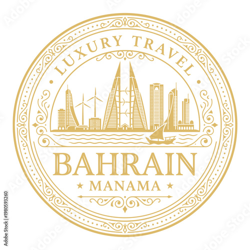 Luxury Manama Bahrain travel seal with skyline and ornate gold border vector illustration