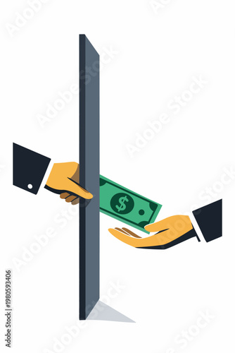 Corruption concept with hands exchanging money behind wall, bribery and illegal payment symbol, hidden deal, financial crime, unethical business practice, secrecy, fraud and abuse of power.