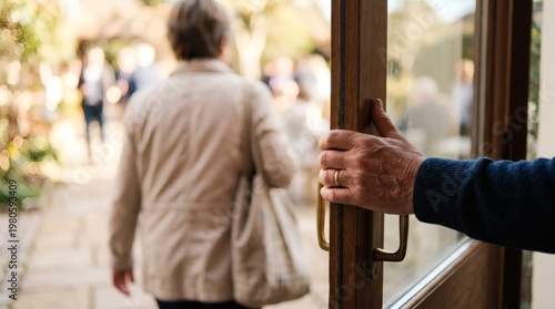 Imperfect Real Life with Commercial Clarity A person opens a door for another person entering a building