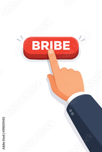 Hand pressing bribe button concept, corruption and unethical business practice symbol, illegal payment, fraud, financial crime, dishonesty, influence, power abuse in politics and corporate world.