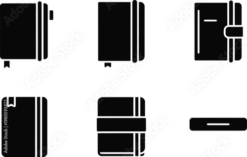 Six Black Icons of Books and Notebooks with Bindings on White Background journal diary