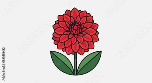Stylized red flower with green leaves and stem on a light grey background