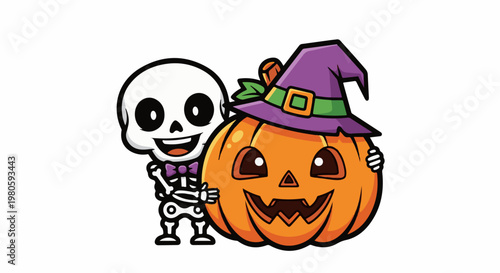 A smiling cartoon skeleton peeks from behind a cheerful, carved pumpkin wearing a witch's hat