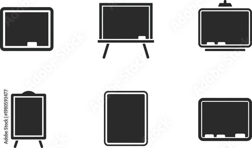 Six Black Icons of Chalkboards and Whiteboards on White Background blackboard easel
