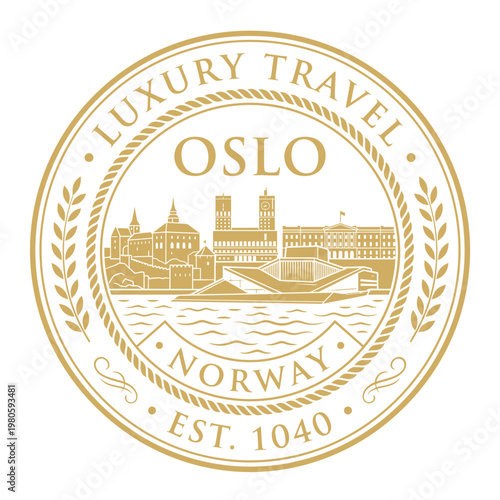 Oslo Norway luxury travel seal with gold skyline silhouette vector illustration