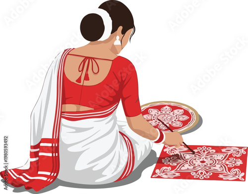A woman in traditional attire sits on the floor, meticulously painting intricate white patterns on a red surface, showcasing traditional art.