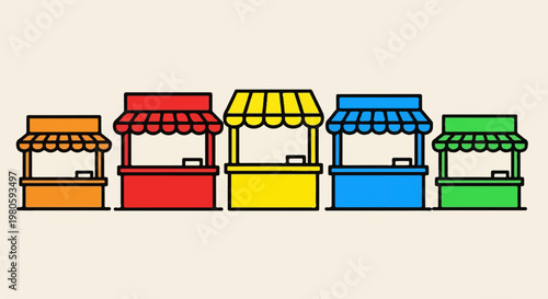 Five colorful market stalls lined up on a light background