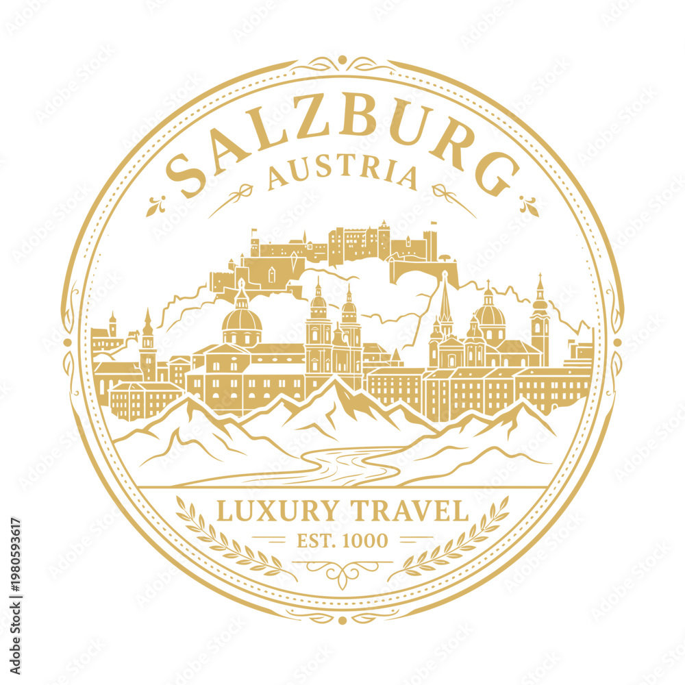 Obraz premium Salzburg Austria city skyline emblem with fortress and mountains gold vector illustration